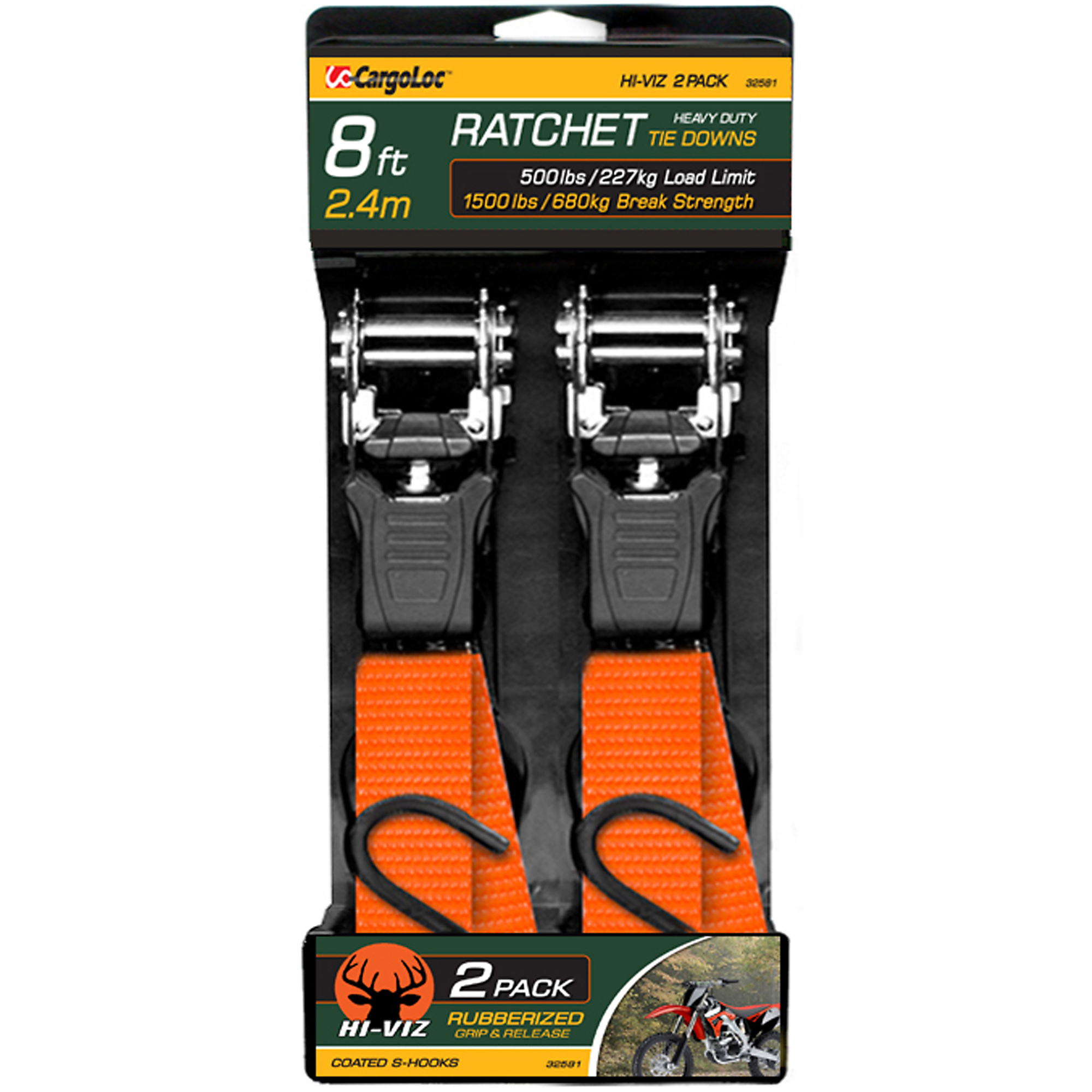 CargoLoc, 2 Pc 1" x 8' 1,500lbs break away strength, 500lbs working load limit, Ratchet Tie Down Straps, S-Hooks, Hi-Viz Orange Model # 32581